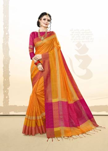 Shine Bright Wearing This Saree In Orange Color Paired With Contrasting Dark Pink Colored Blouse. This Saree And Blouse Are Fabricated On Khadi Cotton Silk. This Fabric Is Light Weight And Easy To Carry All Day Long.