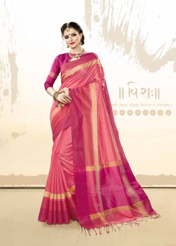 Look Pretty In This Pink Colored Saree Paired With Dark Pink Colored Blouse, This Saree And Blouse Are Fabricated On Khadi Cotton Silk Which Is Light In Weight And Easy To carry All Day Long.