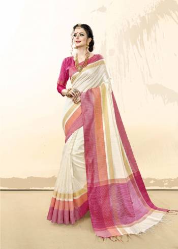 Simple And Elegant Looking Saree Is Here In White Color paired With Pink Colored Blouse. This Saree And Blouse Are Fabricated On Khadi Cotton Silk. It Is Light In Weight , Easy To Drape And Carry All Day Long.