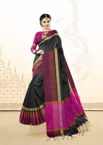 For a Bold And Beautiful Look, Grab This Saree In Black Color Paired With Contrasting Dark Pink Colored Blouse. This Saree And Blouse Are Fabricated On Khadi Cotton Silk Which Is Light In Weight And easy To carry.