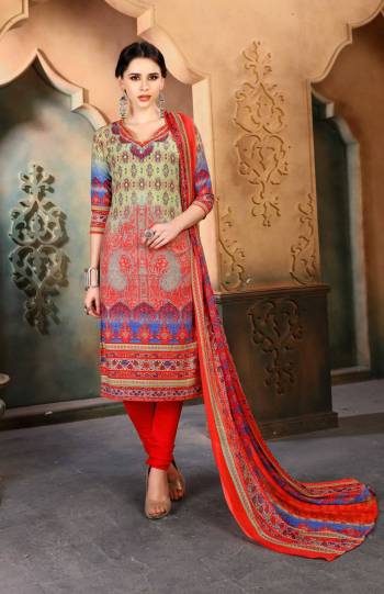 Go Colorful With This Dress Material In Multi Colored Top Paired With Red Colored Bottom And Multi Colored Dupatta. Its Top, Bottom and Dupatta Are Fabricated On Cotton Beautified With Prints All Over It. Buy It Now.