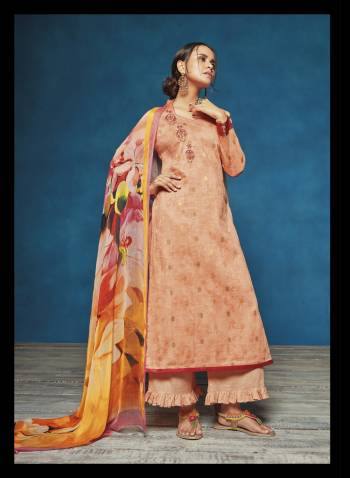 Grab This Semi-Stitched Suit In Peach Color Paired With Peach Bottom And Multi Colored Dupatta. Its Top Is Fabricated On Satin Jacquard Paired With Cotton Bottom And Chiffon Dupatta. It Is Beautified With Prints And Resham Embroidery. Buy Now.