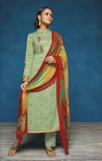 Another Lovely Shade Is Here With This Semi-Stitched Suit In Pastel Green Color Paired With Pastel Green Colored Bottom And Multi Colored Dupatta. Its Top Is Fabricated On Satin Jacquard Paired With Cotton Bottom And Chiffon Dupatta. Its All Three Fabrics Ensures Superb Comfort All Day Long.