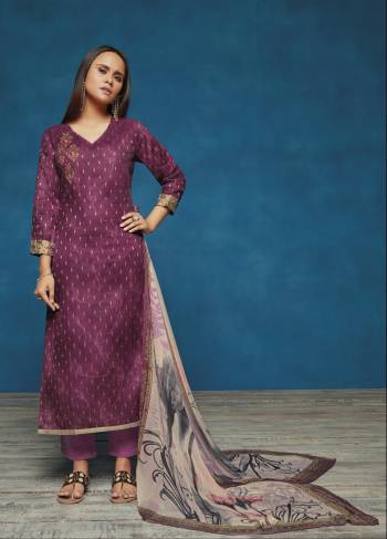 New And Unique Shades Are Here with This Designer suit In Wine Color Paired With Wine Colored Bottom And Mauve Colored Dupatta. Its Top Is Fabricated On Satin Jacquard Paired With Cotton Bottom And Chiffon Dupatta. This Suit Is Light In Weight And Easy To Carry All Day Long.