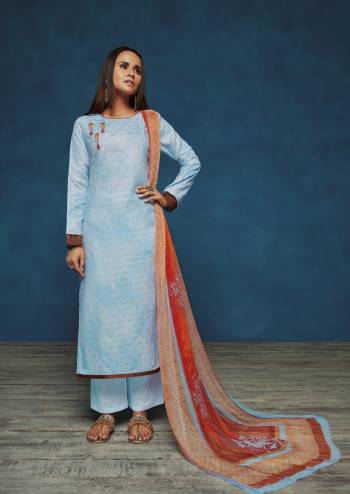 Here Is A Very Pretty Shade In Blue With This Semi-Stitched Suit In Light Blue Colored Top Paired With Light Blue Colored Bottom And Contarsting Orange Colored Dupatta. Its Top Is Fabricated On Satin Jacquard Paired With Cotton Bottom And Chiffon Dupatta. This Suit Is Light In Weight And Easy To Carry Throughout The Gala.