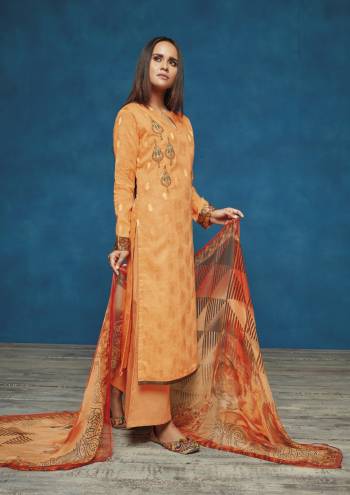 Orange Color Induces Perfect Summery Appeal To Any Outfit, So Grab This Designer Semi-Stitched Suit For This Summer In Light Orange Color Paired With Orange Colored Dupatta. Its Top Is Fabricated On Satin Jacquard Paired With Cotton Bottom And Chiffon Dupatta. Buy This Semi-Stitched Suit Now.