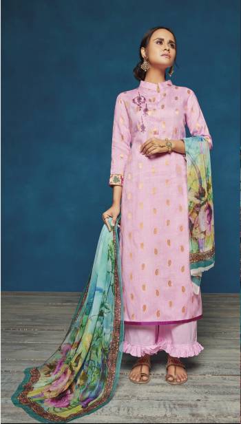 Look Pretty And Earn Lots Of Compliments Wearing This Designer Suit In Baby Pink Color Paired With Baby Pink Colored Bottom And Multi Colored Dupatta. Its Top Is Fabricated On Satin Jacquard Paired With Cotton Bottom And Chiffon Dupata. Buy This Suit Now.