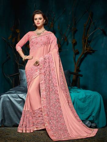 Flaunt a new ethnic look wearing this Pink color imported coated fabrics with heavy work with jacquard border saree. Ideal for party, festive & social gatherings. this gorgeous saree featuring a beautiful mix of designs. Its attractive color and designer heavy embroidered design, moti, cut paste design, beautiful floral design work over the attire & contrast hemline adds to the look. Comes along with a contrast unstitched blouse.