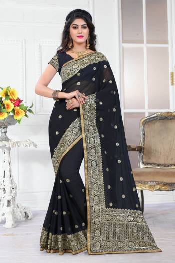 For A Bold And Beautiful Look, Grab This Designer Saree In Black Color Paired With Black Colored Blouse. This Saree and Blouse Are Fabricated On Georgette Beautified With Jari Embroidery. This Saree Is Light In Weight And Easy To Carry All Day Long.