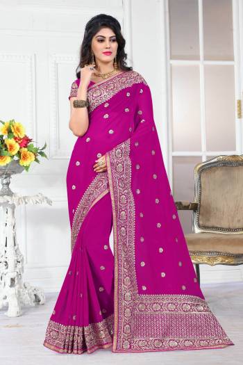 Look Beautiful Wearing This Saree In Magneta Pink Color Paired With Magenta Pink Colored Blouse. This Saree And Blouse Are Fabricated On Jari Embroidery Over The Saree And Blouse. This Saree Is Easy To Drape and Carry All Day Long.