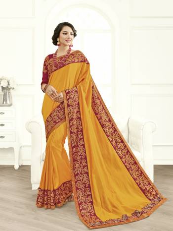 All the Fashionable women will surely like to step out in style wearing this orange color two tone silk saree. this gorgeous saree featuring a beautiful mix of designs. look gorgeous at an upcoming any occasion wearing the saree. Its attractive color and designer heavy embroidered design, beautiful floral design work over the attire & contrast hemline adds to the look. Comes along with a contrast unstitched blouse.