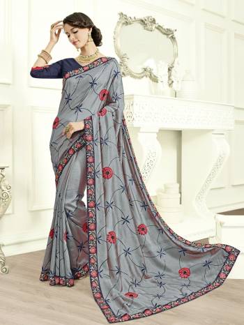 Flaunt a new ethnic look wearing this grey color bright Silk georgette saree. this party wear saree won't fail to impress everyone around you. this gorgeous saree featuring a beautiful mix of designs. Its attractive color and designer heavy embroidered design, beautiful floral design work over the attire & contrast hemline adds to the look. Comes along with a contrast unstitched blouse.