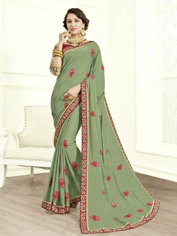 Impress everyone with your amazing Trendy look by draping this Mint green color moss chiffon saree. this party wear saree won't fail to impress everyone around you. this gorgeous saree featuring a beautiful mix of designs. Its attractive color and designer heavy embroidered design, Stone work, beautiful patch work, beautiful floral design work over the attire & contrast hemline adds to the look. Comes along with a contrast unstitched blouse.