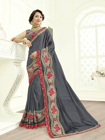 Classy, sensuous and versatile are the perfect words to describe this Dark grey color georgette Chiffon saree. Ideal for party, festive & social gatherings. this gorgeous saree featuring a beautiful mix of designs. Its attractive color and designer heavy embroidered design, Stone work, beautiful patch work, beautiful floral design work over the attire & contrast hemline adds to the look. Comes along with a contrast unstitched blouse.