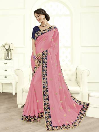 Change your wardrobe and get classier outfits like this gorgeous pink color bright georgette saree. Ideal for party, festive & social gatherings. this gorgeous saree featuring a beautiful mix of designs. Its attractive color and designer heavy embroidered design, Stone work, beautiful patch work, beautiful floral design work over the attire & contrast hemline adds to the look. Comes along with a contrast unstitched blouse.