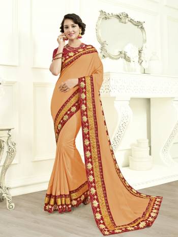 Show your elegance by wearing this gorgeous Light orange color bright chiffon saree. Ideal for party, festive & social gatherings. this gorgeous saree featuring a beautiful mix of designs. Its attractive color and designer heavy embroidered design, Stone work, beautiful patch work, beautiful floral design work over the attire & contrast hemline adds to the look. Comes along with a contrast unstitched blouse.