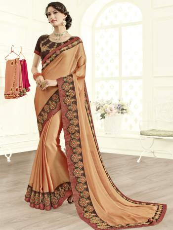 Attractively Gorgeous mesmerizing is what you will look at the next wedding gala wearing this beautiful Peach color two tone Crepe silk saree. Ideal for party, festive & social gatherings. this gorgeous saree featuring a beautiful mix of designs. Its attractive color and designer heavy embroidered design, Stone work, beautiful patch work, beautiful floral design work over the attire & contrast hemline adds to the look. Comes along with a contrast unstitched blouse.