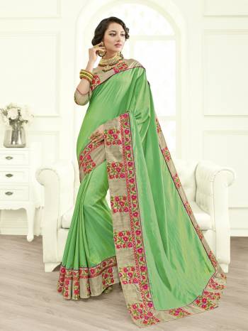 You Look elegant and stylish this festive season by draping this green color bright Art Silk saree. Ideal for party, festive & social gatherings. this gorgeous saree featuring a beautiful mix of designs. Its attractive color and designer heavy embroidered design, Stone work, beautiful patch work, beautiful floral design work over the attire & contrast hemline adds to the look. Comes along with a contrast unstitched blouse.