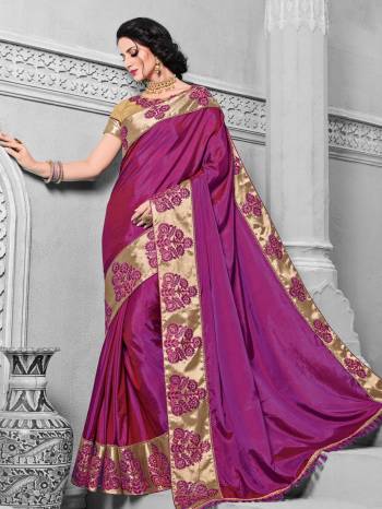 All the Fashionable women will surely like to step out in style wearing this magenta Pink color two-tone silk fabrics saree. this gorgeous saree featuring a beautiful mix of designs. look gorgeous at an upcoming any occasion wearing the saree. Its attractive color and designer embroidered design, patch design, attractive stone design, beautiful floral design work over the attire & contrast hemline adds to the look. Comes along with a contrast unstitched blouse.