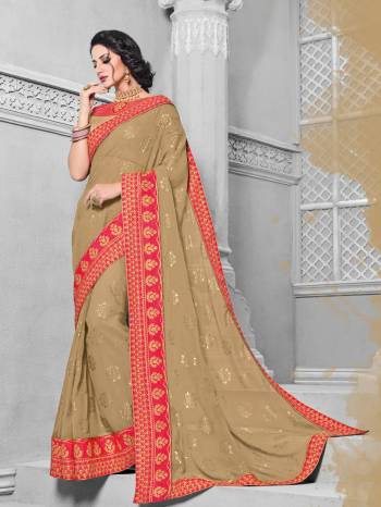 Presenting this beige color georgette with foil print saree. Ideal for party, festive & social gatherings. this gorgeous saree featuring a beautiful mix of designs. Its attractive color and designer embroidered design, patch design, attractive stone design, beautiful floral design work over the attire & contrast hemline adds to the look. Comes along with a contrast unstitched blouse.