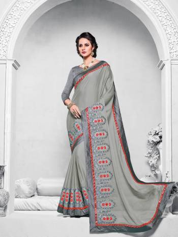 Flaunt a new ethnic look wearing this grey color bright georgette saree. this party wear saree won't fail to impress everyone around you. this gorgeous saree featuring a beautiful mix of designs. Its attractive color and designer embroidered design, attractive stone design, beautiful floral design work over the attire & contrast hemline adds to the look. Comes along with a contrast unstitched blouse.