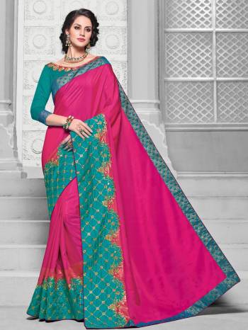 you Look striking and stunning afler wearing this Dark Pink color silk fabrics saree. look gorgeous at an upcoming any occasion wearing the saree. this party wear saree won't fail to impress everyone around you. Its attractive color and designer embroidered design, patch design, attractive stone design, beautiful floral design work over the attire & contrast hemline adds to the look. Comes along with a contrast unstitched blouse.