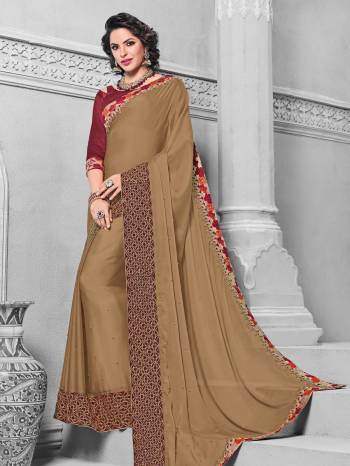 Look pretty like never before. wearing this Beige color bright georgette saree. this gorgeous saree featuring a beautiful mix of designs. look gorgeous at an upcoming any occasion wearing the saree. Its attractive color and designer embroidered design, patch design, attractive stone design, beautiful floral design work over the attire & contrast hemline adds to the look. Comes along with a contrast unstitched blouse.