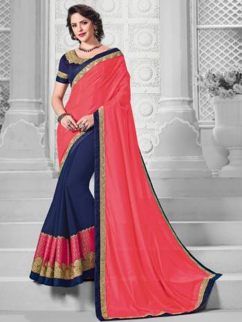 Flaunt a new ethnic look wearing this Dark Peach And Navy Blue  color silk fabrics and marble chiffon saree. Ideal for party, festive & social gatherings. this gorgeous saree featuring a beautiful mix of designs. Its attractive color and designer embroidered design, patch design, cut paste saree, attractive stone design, beautiful floral design work over the attire & contrast hemline adds to the look. Comes along with a contrast unstitched blouse.