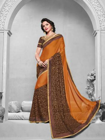 Impress everyone with your amazing Trendy look by draping this Musturd Yellow and brown color bright georgette and net with heavy work saree. this party wear saree won't fail to impress everyone around you. this gorgeous saree featuring a beautiful mix of designs. Its attractive color and designer embroidered design, patch design, cut paste saree, attractive stone design, beautiful floral design work over the attire & contrast hemline adds to the look. Comes along with a contrast unstitched blouse.