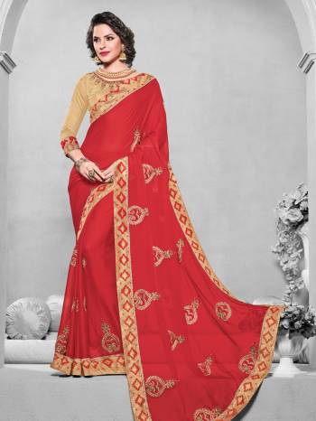 The fabulous pattern makes this red color moss chiffon saree. Ideal for party, festive & social gatherings. this gorgeous saree featuring a beautiful mix of designs. Its attractive color and designer embroidered design, patch design, attractive stone design, beautiful floral design work over the attire & contrast hemline adds to the look. Comes along with a contrast unstitched blouse.