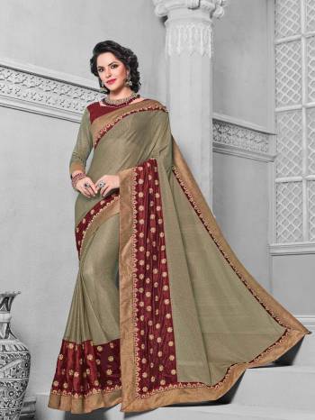 Presenting this green grey and maroon color two-tone imported fabrics saree. Ideal for party, festive & social gatherings. this gorgeous saree featuring a beautiful mix of designs. Its attractive color and designer embroidered design, attractive stone design, beautiful floral design work over the attire & contrast hemline adds to the look. Comes along with a contrast unstitched blouse.