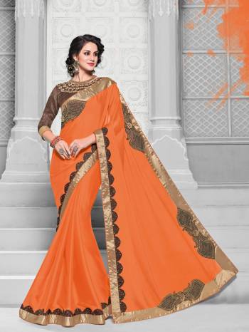 Show your elegance by wearing this gorgeous orange color bright georgette saree. Ideal for party, festive & social gatherings. this gorgeous saree featuring a beautiful mix of designs. Its attractive color and designer embroidered design, patch design, attractive stone design, beautiful floral design work over the attire & contrast hemline adds to the look. Comes along with a contrast unstitched blouse.