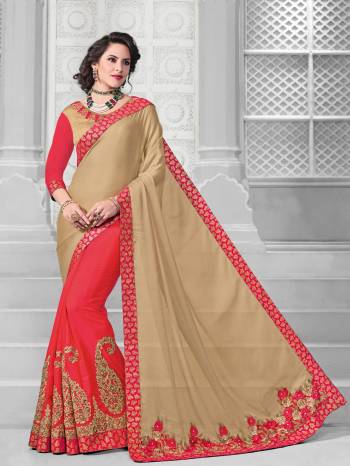 Gorgeously mesmerizing is what you will look at the next wedding gala wearing this beautiful beige and Pink color moss chiffon and two-tone silk saree. Ideal for party, festive & social gatherings. this gorgeous saree featuring a beautiful mix of designs. Its attractive color and designer embroidered design, patch design, Half Half saree, attractive stone design, beautiful floral design work over the attire & contrast hemline adds to the look. Comes along with a contrast unstitched blouse.