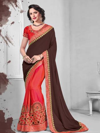 Attractively Gorgeous mesmerizing is what you will look at the next wedding gala wearing this beautiful brown and orange color moss chiffon and two-tone silk saree. Ideal for party, festive & social gatherings. this gorgeous saree featuring a beautiful mix of designs. Its attractive color and designer embroidered design, patch design, Half Half saree, attractive stone design, beautiful floral design work over the attire & contrast hemline adds to the look. Comes along with a contrast unstitched blouse.