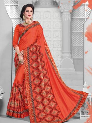 Get this amazing saree and look pretty like never before. wearing this orange color two-tone silk fabrics saree. Ideal for party, festive & social gatherings. this gorgeous saree featuring a beautiful mix of designs. Its attractive color and designer embroidered design, patch design, Full saree, attractive stone design, beautiful floral design work over the attire & contrast hemline adds to the look. Comes along with a contrast unstitched blouse.