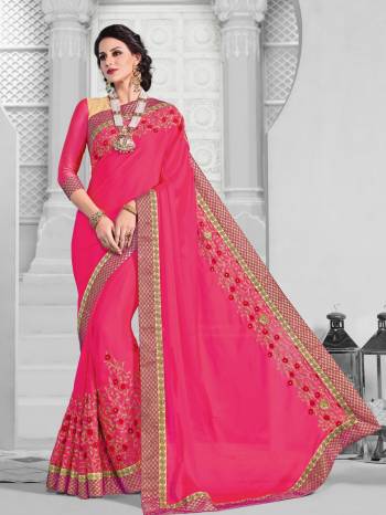 The fabulous pattern makes this saree  a classy number to be included in your wardrobe. pink color bright georgette saree. Ideal for party, festive & social gatherings. this gorgeous saree featuring a beautiful mix of designs. Its attractive color and designer embroidered design, patch design, Full saree, attractive stone design, beautiful floral design work over the attire & contrast hemline adds to the look. Comes along with a contrast unstitched blouse.