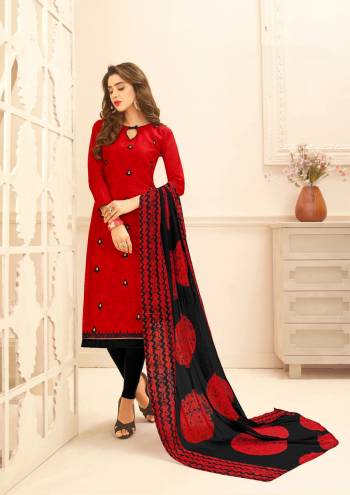 If Those Readymade Suits Does Not Lend You The Desired Comfort Than Grab This Dress Material In Red Color Paired With With Black Colored Bottom And Black And Red Dupatta. Its Top Is Fabricated On Cotton Jacquard Paired With Cotton Bottom And Chiffon Dupatta. Get This Stitched As Per Your Desired Fit And Comfort.