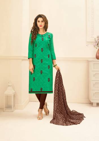 Simple Dress Material Is Here For Your Casual Wear In Green Colored Top Paired With Contrasting Brown Colored Bottom And Dupatta. Its Top Is Fabricated On Cotton Jacquard Paired With Cotton Bottom And Chiffon Dupatta. Its Fabric Is Durable And Easy To Care For.