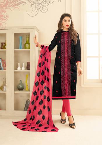 Enhance Your Beauty Wearing this Lovely Suit In Black Colored Top Paired With Pink Colored Bottom And Dupatta. Its Top Is Fabricated On Cotton Jacquard Paired With Cotton Bottom And Chiffon Dupatta. Get This Dress Material Stitched As Per Your Desired Fit And Comfort.