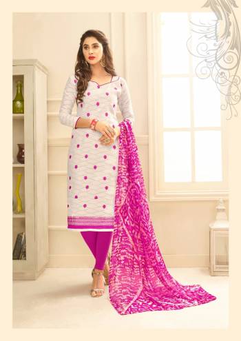 Another Simple And Elegant Looking Dress Material Is Here In White Color Paired With Magenta Pink Colored Bottom And Dupatta. Its Top Is Fabricated On Cotton Jacquard Paired With Cotton Bottom And Chiffon Dupatta. It Is Light Weight And Easy To Carry All Day Long.