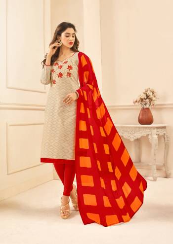 Flaunt Your Rich And Elegant Taste Wearing This Suit In Beige Colored Top Paired With Red Colored Bottom And Dupatta. Its Top Is Fabricated On Cotton Jacquard Paired With Cotton Bottom And Chiffon Dupatta. Get This Dress Material Stitched As Per Your Desired Fit And Comfort.