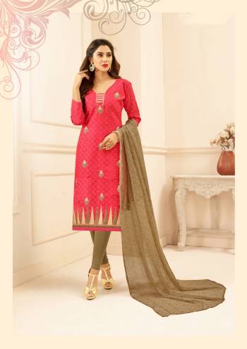 New And Unique Combination Is Here With This Dress Material In Pink Colored Top Paired With Contarsting Sand Grey Colored Bottom And Dupatta. Its Top Is Fabricated On Cotton Jacquard Paired With Cotton Bottom And Chiffon Dupatta. Buy Now.