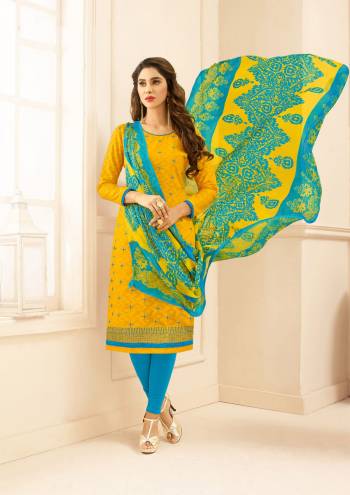 Attract All Wearing This Bright Colored Dress Material In Yellow Colored Top Paired With Contrasting Blue Colored Bottom And Yellow And Blue Dupatta. Its Top Is Fabricated On Cotton Jacquard Paired With Cotton Bottom And Chiffon Dupatta. Buy It Now.