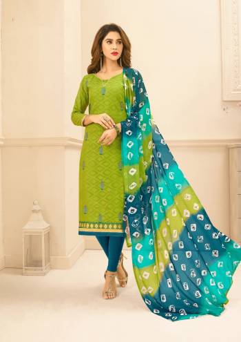 You Will Definitely Earn Lots Of Compliments Wearing This Dress Material In Light Green Color Paired With Contrasting Blue Colored Bottom And Multi Colored Dupatta. Its Top Is Fabricated On Cotton Jacquard Paired With Cotton Bottom And Chiffon Dupatta. Its All Three Fabrics Ensures Superb Comfort All Day Long. 