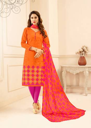 Bright Colors In Summer Induces Perfect Summery Appeal To Any Outfit, So grab This Dress Material In Orange Colored Top Paired With Contrasting Dark Pink Colored Bottom And Dark Pink And Orange Dupatta. Its Top Is Fabricated On Cotton Jacquard Paired With Cotton Bottom And Chiffon Dupatta. Buy This Bright Suit Now.