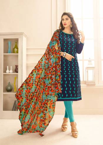 Have A Bold And Beautiful Look Wearing This Straight Suit In Navy Blue Colored Top Paired With Blue Colored Bottom And Multi Colored Dupatta. Its Top Is Fabricated On Cotton Jacquard Paired With Cotton Bottom And Chiffon Fupatta. Buy This Dress Material And Get This Stitched As Per Your Desired Fit And Comfort.