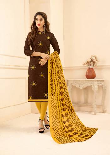 For Your Semi-Casual Wear, Grab This Dress Material And Get This Stitched As PerYoue Desired Fit And Comfort. Its Top Is In Brown Color Paired With Contrasting Yellow Colored Bottom And Dupatta. Its Top Is Fabricated Cotton Jacquard Paired With Cotton Bottom And Chiffon Dupatta. Buy Now.