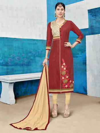 Here Is An Evergreen Combination In Suit With This Dress Material In Maroon Colored Top Paired With Beige Colored Bottom And Dupatta. Its top Is Fabricated On Cotton Silk Paired With Cotton Bottom And Chiffon Dupatta. It Is Light Weight And Easy to Carry all Day Long.