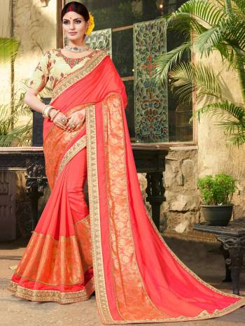 Add This Lovely Designer Saree In Dark Pink Color Paired With Beige Colored Blouse. This Saree Is Fabricated On Jacquard Silk And Art Silk Paired With Art Silk Fabricated Blouse. It Is Beautified With Embroidery Over The Blouse And Lace Border. 