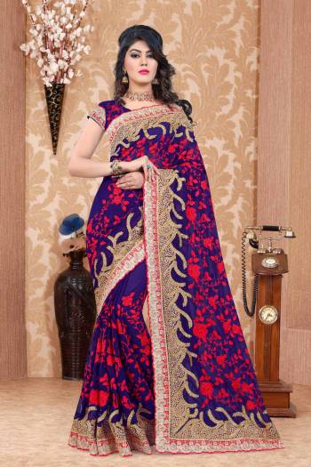 Bright And Visually Appealing Color Is Here With This Saree In Violet Color Paired With Violet Colored Blouse. This Heavy Designer Saree And Blouse Are Fabricated On Georgette Beautified With Heavy Embroidery. Buy This Saree Now.